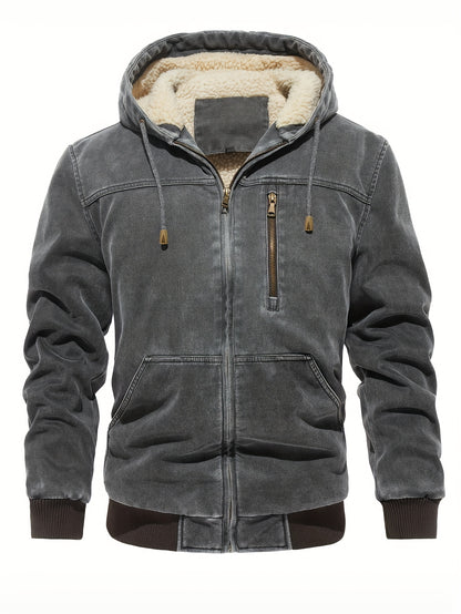 Men'S Distressed Hooded Softshell Jacket, Autumn Winter Outerwear with Pockets, Trendy Item
