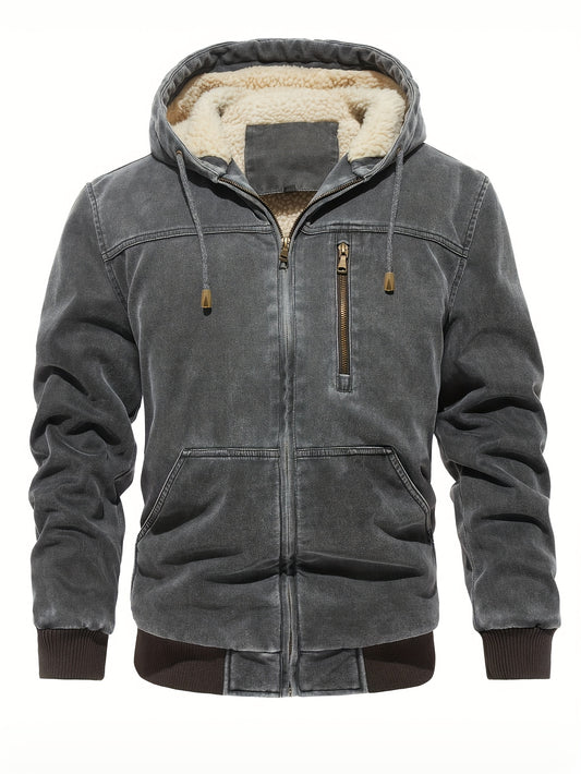 Men'S Distressed Hooded Softshell Jacket, Autumn Winter Outerwear with Pockets, Trendy Item