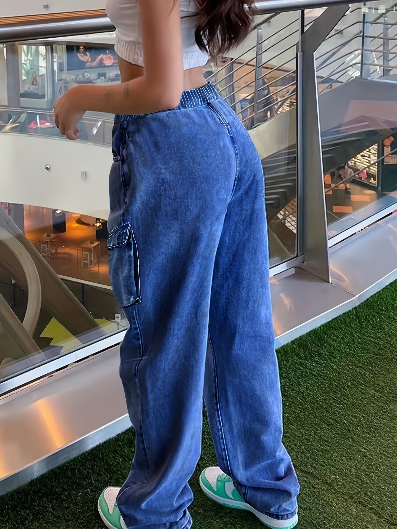 Jeans cargo a vita media da donna, pantaloni in denim elasticizzati con vita elasticizzata e gamba larga, con tasche, pantaloni larghi da streetwear Y2K