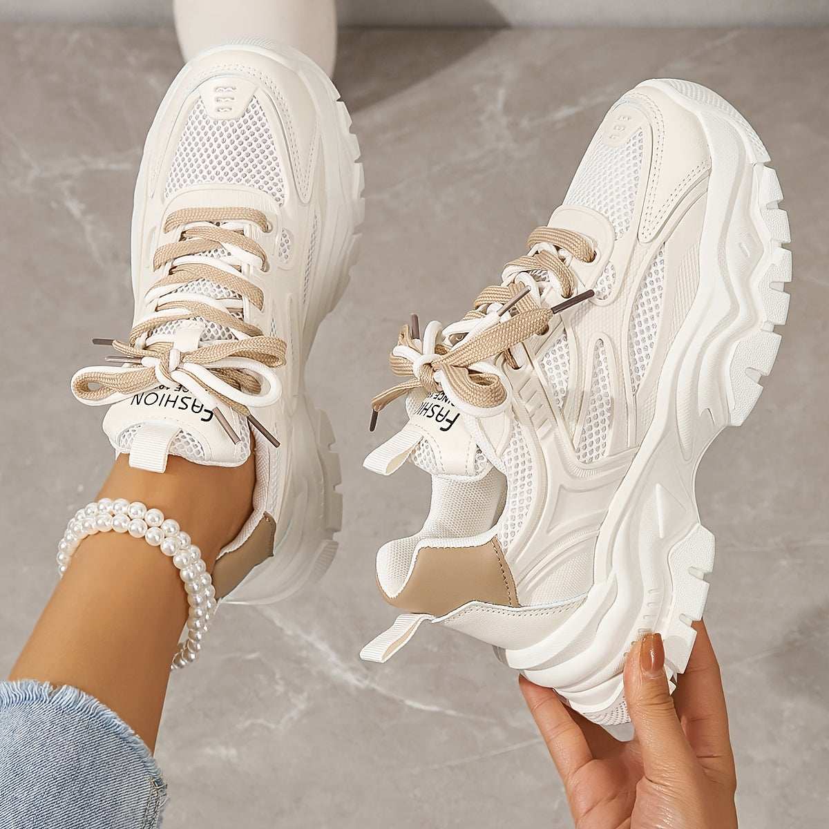 2025 New Women's Chunky Platform Dad Sneakers - White & Beige Lace-Up Casual Shoes with Thick Rubber Sole, EVA Cushion, Breathable Mesh & Synthetic Cover for All-Season Comfort