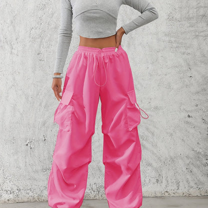 Women'S Fashionable Solid Color Polyester Cargo Pants, 100% Polyester, All-Season, Drawstring Waist, Woven, 120g/m², Adult Casual Elegant Trousers