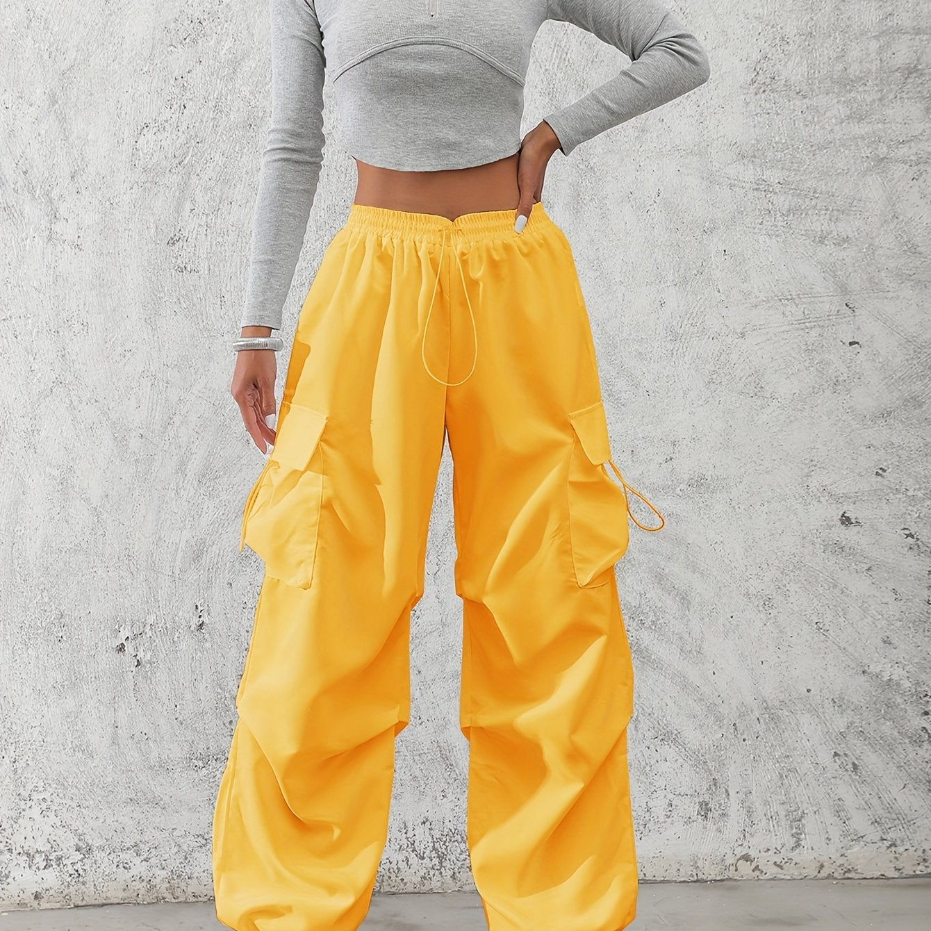 Women'S Fashionable Solid Color Polyester Cargo Pants, 100% Polyester, All-Season, Drawstring Waist, Woven, 120g/m², Adult Casual Elegant Trousers