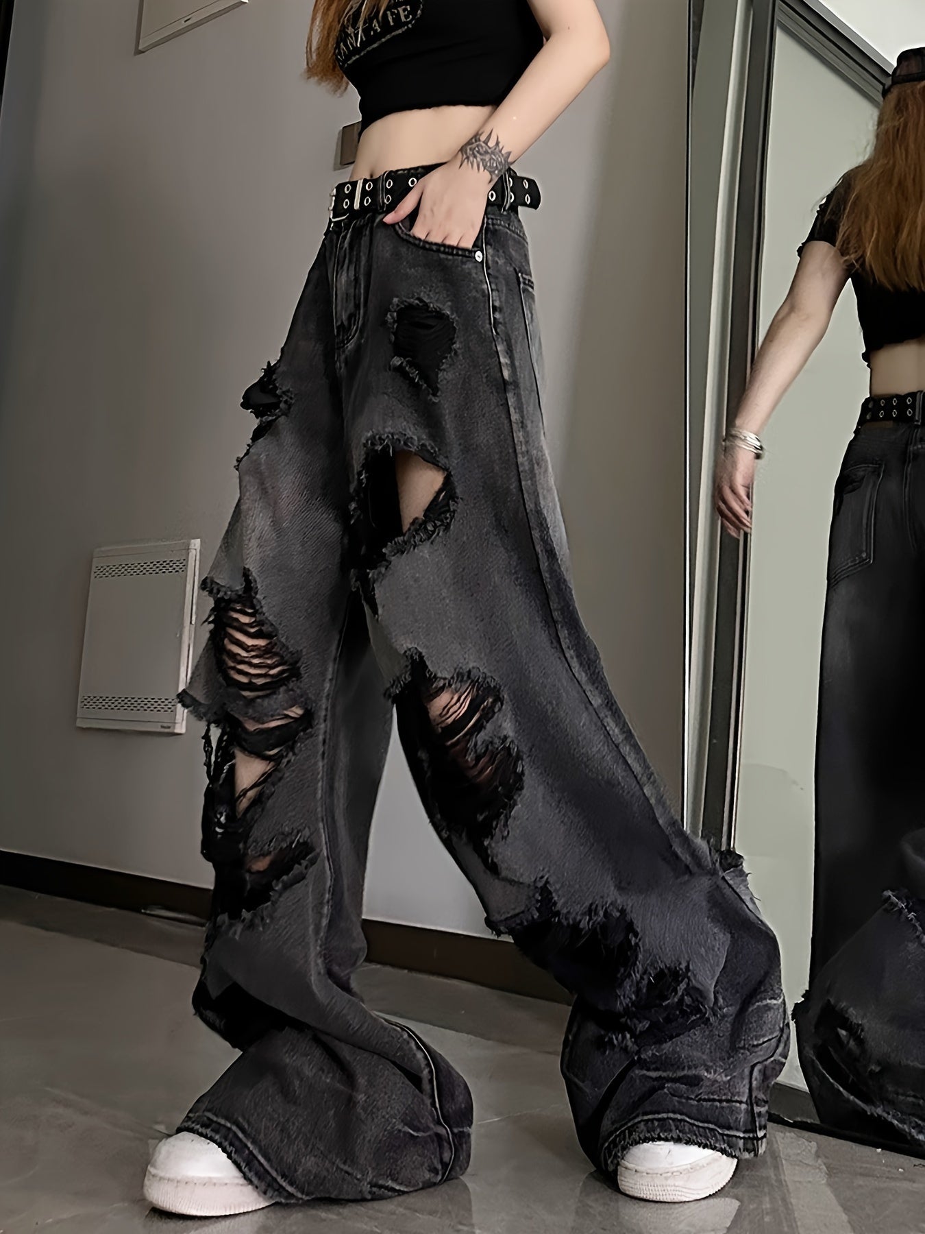 Women Ripped Jeans High Waist Fashion American Vintage Streetwear Harajuku Y2K Hip Hop Wide Leg Jean Female Denim Trouser Baggy Denim Pants