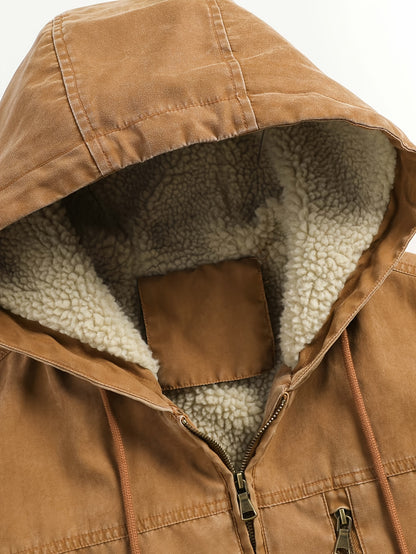 Men'S Distressed Hooded Softshell Jacket, Autumn Winter Outerwear with Pockets, Trendy Item