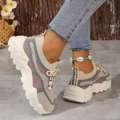 Sneakers da donna con plateau in rete traspirante, scarpe casual con lacci per esterni, comode scarpe sportive basse taglie forti