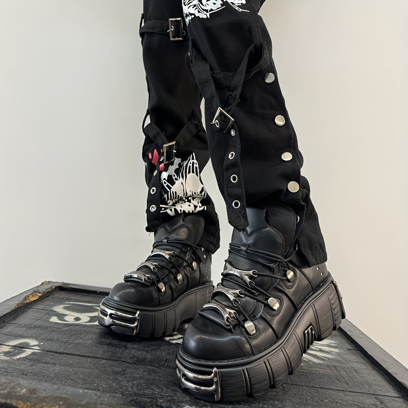 Women's Metallic Decor Platform Sneakers, Punk Rock Lace Up Outdoor Shoes, Comfortable Heel Height Shoes, Gothic Ankle Boots Round Toe Thick Sole Booties plus size