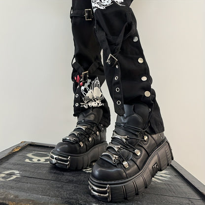 Women's Metallic Decor Platform Sneakers, Punk Rock Lace Up Outdoor Shoes, Comfortable Heel Height Shoes, Gothic Ankle Boots Round Toe Thick Sole Booties plus size