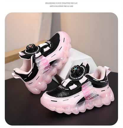 Kids' Preppy Sports Sneakers with Rotating Buckle, Lightweight EVA Sole, Non-Slip PU Upper, Comfortable Fabric Lining, Alphabet Pattern, All-Season Casual Footwear for Outdoor Activities, Training, Hiking - Ideal for Valentin