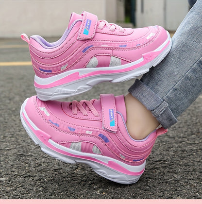 Girl's Solid Sneakers With Hook & Loop Fastener, Comfy Non Slip Casual Soft Sole Shoes For Kids Outdoor Activities