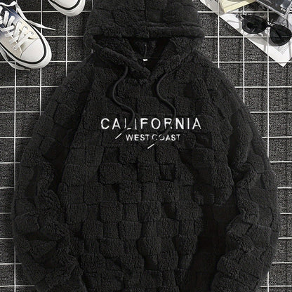 Felpa con cappuccio da uomo in peluche ricamata California Westcoast - Pile doppio in poliestere spesso e morbido con dettagli a quadri, pullover casual a maniche lunghe per autunno e inverno, felpa con cappuccio foderata in pile