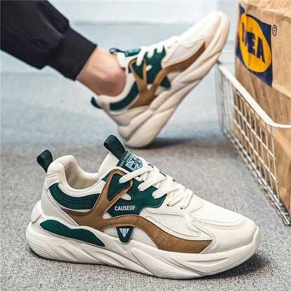 Men's Vintage Colour Block Chunky Shoes, Comfy Non Slip Durable Lace Up Soft Sole Sneakers For Men's Outdoor Activities
