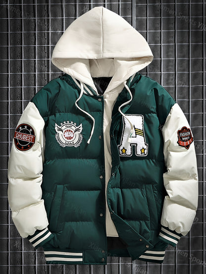 Giacca pesante con cappuccio da uomo e da donna - Cappotto da baseball a blocchi di colore rosso e bianco con chiusura frontale con cerniera, tessuto non elasticizzato - Capispalla invernale per coppie, abbigliamento casual da strada