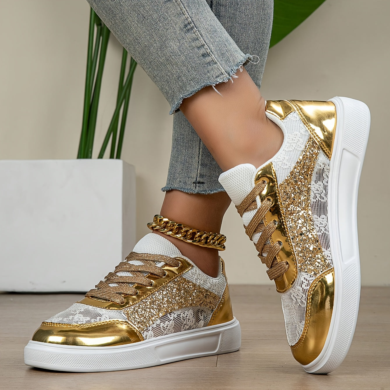 Women's Glitter Golden Lace-Up Low-Top Sneakers with Breathable Cut-Out Design & Thick Cushioned MD Sole - Synthetic Cover & Fabric Casual Shoes for All-Season Comfort, Sporty Streetwear, Airflow Enhancing Cutouts