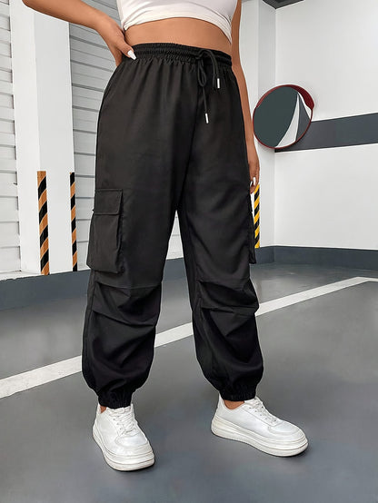 Plus Size Solid Pocket Baggy Joggers, Casual Drawstring Elastic Waist Pants For Spring & Fall, Women's Plus Size Clothing