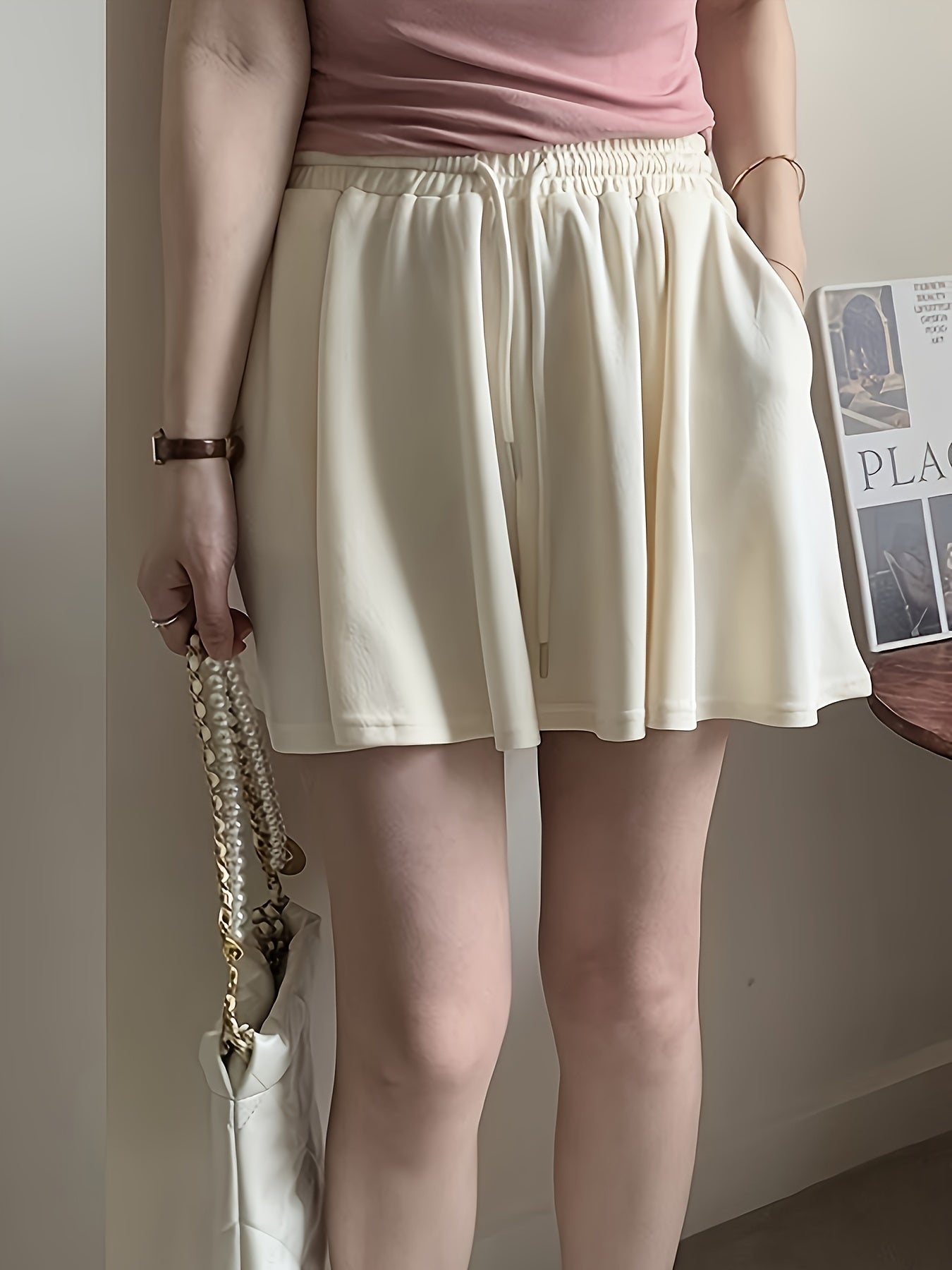 Solid Color Drawstring Waist Shorts, Casual Every Day Baggy Walking Shorts For Spring & Summer, Women's Clothing