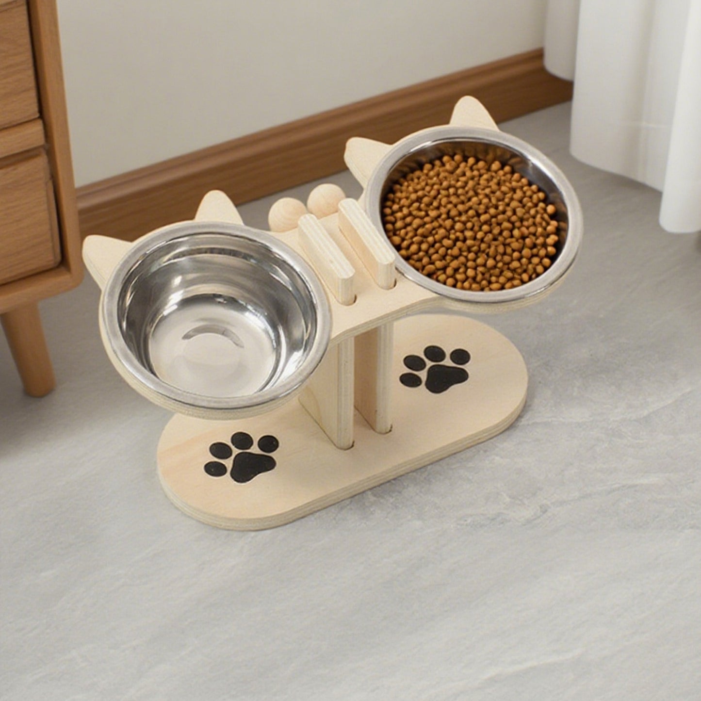 Pet Feeding Set, Stainless Steel Double Bowl Pet Feeder, Height Adjustable, 15° Tilted Neck Anti-Choking Protection, Cat and Dog Bowl, Easy to Clean, High Platform Bowl for Cats, Three Colors Available, Cute and Practical, S