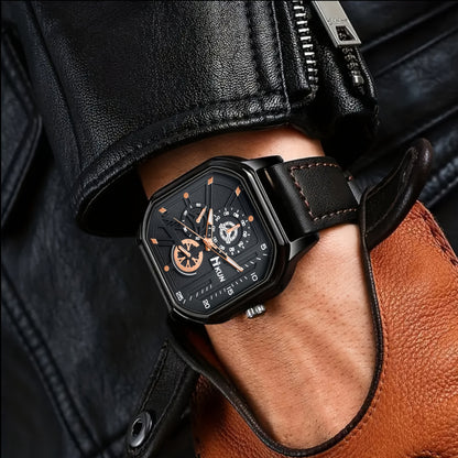 Set di 6 accessori classici casual da uomo in similpelle nera: portafoglio a righe, orologio con quadrante quadrato, occhiali, portachiavi, biglietto d'auguri, cintura