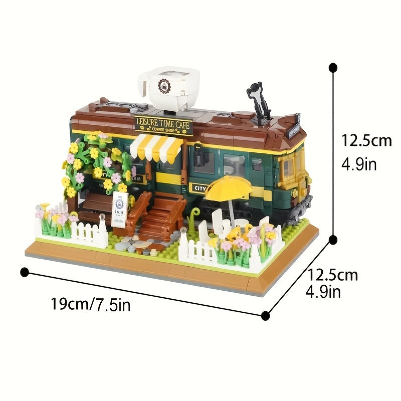 1081pcs Train Cafe House Assembled Toy Ornament, Green Faux Leather Train, City Shop, Street Scene Assembly Toy Model, Creative Retro Construction Set, Halloween/Thanksgiving Day/Christmas gift