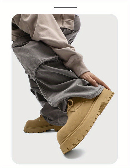 Men's Casual Retro Workwear Derby Shoes - Thick Sole Height Increase, Breathable Upper, Lace-Up Round Toe Design for Spring/Fall, Tan Rubber Outsole & EVA Cushioning, Fall Comfort Footwear, Minimalist Style, Durable Footwear,