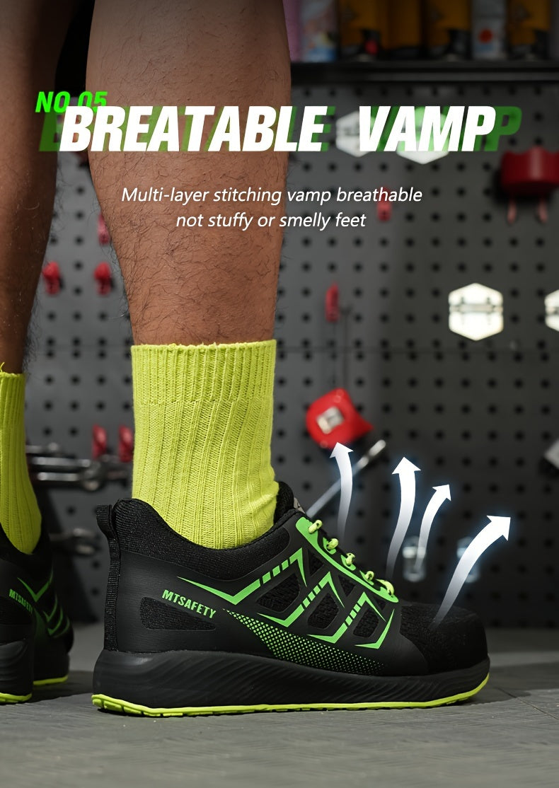 Scarpe antinfortunistiche da lavoro antiscivolo antiforatura con punta in acciaio da uomo, scarpe da ginnastica traspiranti in maglia intrecciata per edilizia industriale