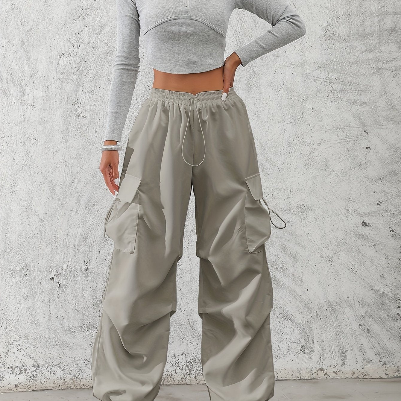Women'S Fashionable Solid Color Polyester Cargo Pants, 100% Polyester, All-Season, Drawstring Waist, Woven, 120g/m², Adult Casual Elegant Trousers