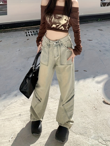 Jeans da donna in denim vintage con tasche applicate e gamba larga, larghi, lavati, stile hip-hop