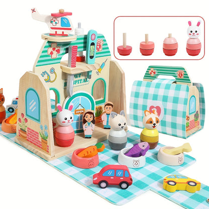 Giocattoli di simulazione per ospedali per animali, giocattoli educativi colorati in legno, gioco creativo e sviluppo delle capacità motorie, sviluppo del riconoscimento dell'abbinamento delle forme