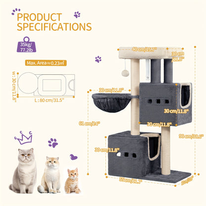 98cm Scratching Post, Cat Tree, Small Scratching Post, Multi-storey Scratching Post with Perch, Cat House Furniture with 2 Caves, Sisal Cat Scratching Post, Hammock, Cave, Dark Grey/light Grey, Cat Climbing Tree, Feline Enric