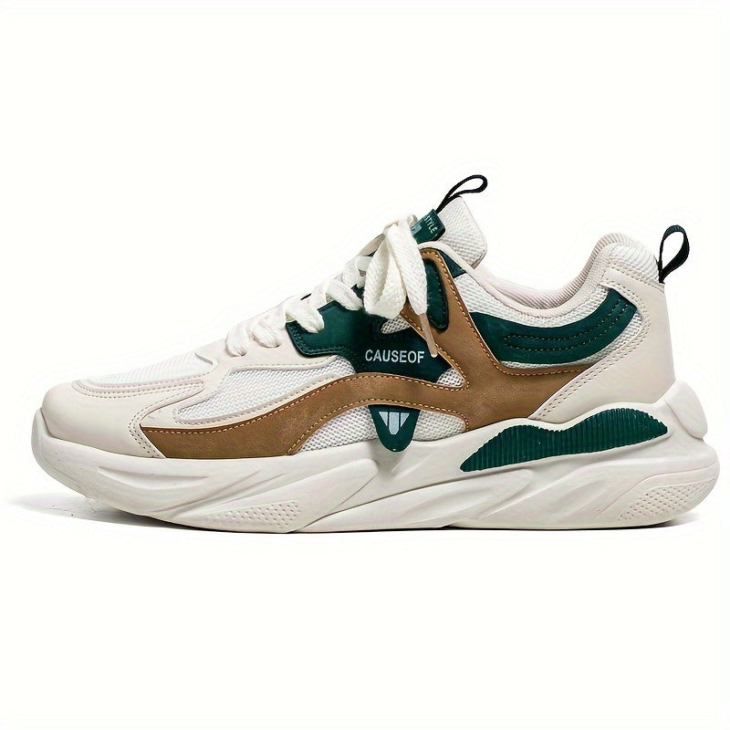 Men's Vintage Colour Block Chunky Shoes, Comfy Non Slip Durable Lace Up Soft Sole Sneakers For Men's Outdoor Activities