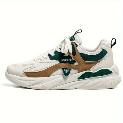 Men's Vintage Colour Block Chunky Shoes, Comfy Non Slip Durable Lace Up Soft Sole Sneakers For Men's Outdoor Activities