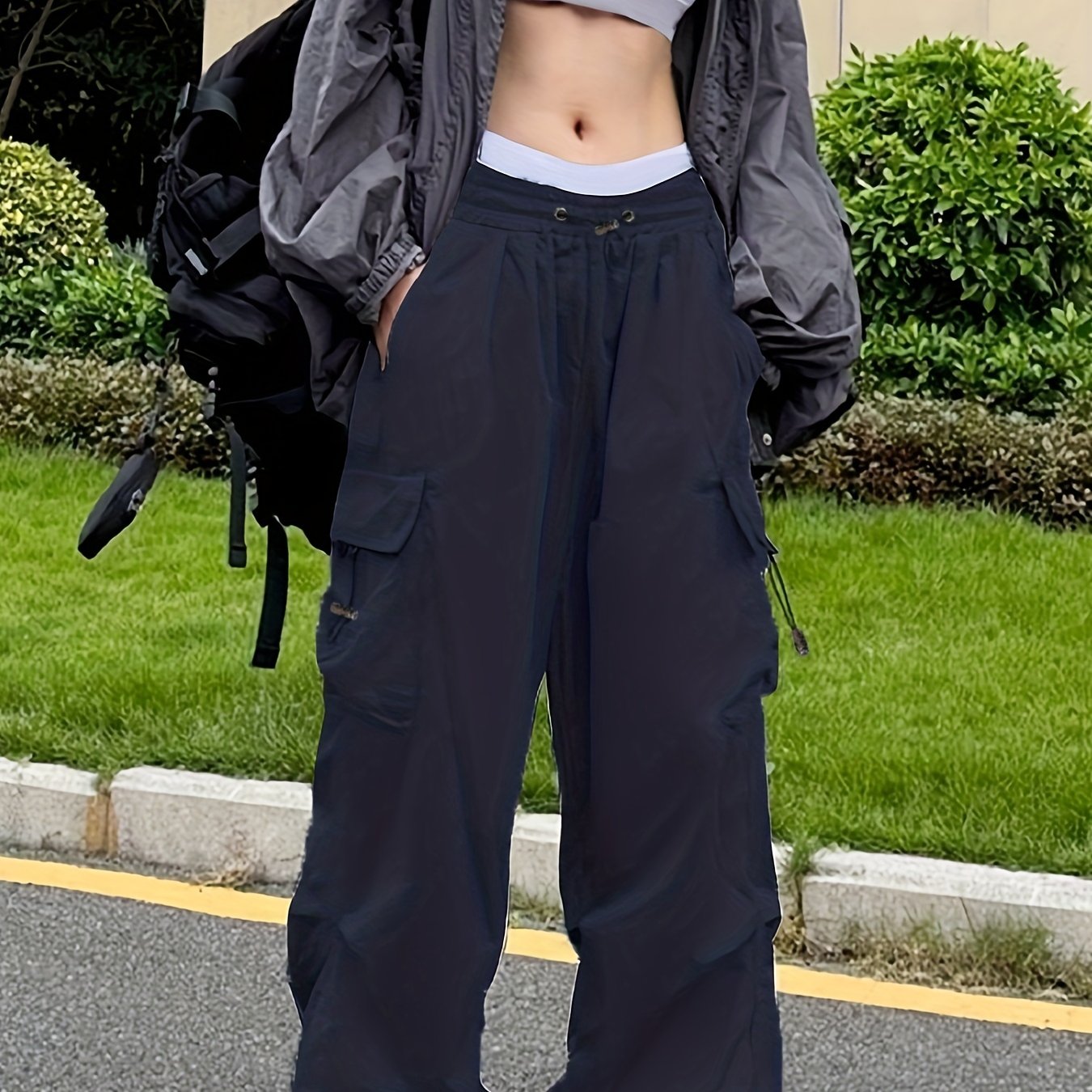 Pantaloni cargo drappeggiati Y2K, pantaloni streetwear con coulisse e tasche, abbigliamento da donna