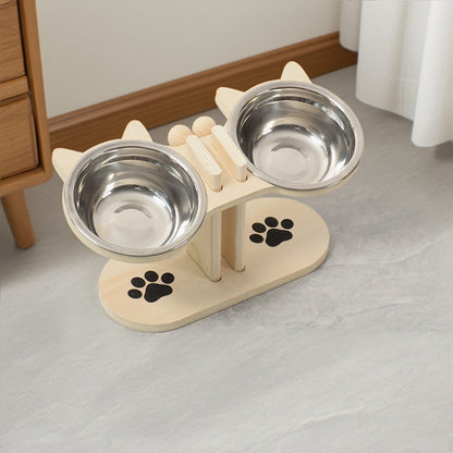 Pet Feeding Set, Stainless Steel Double Bowl Pet Feeder, Height Adjustable, 15° Tilted Neck Anti-Choking Protection, Cat and Dog Bowl, Easy to Clean, High Platform Bowl for Cats, Three Colors Available, Cute and Practical, S