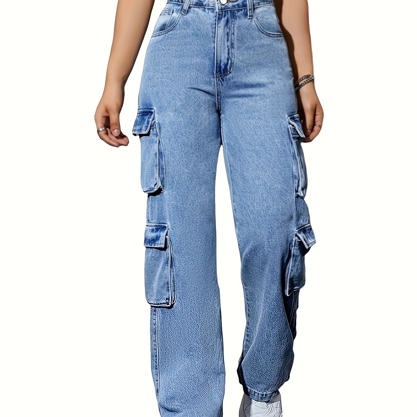 High-Waisted Cargo Denim Jeans for Women, 75% Cotton Blend Street Style Y2K Baggy Trousers with Flap Pockets, Solid All-Season Oversized Wide Leg Pants, Medium Stretch Woven Fabric
