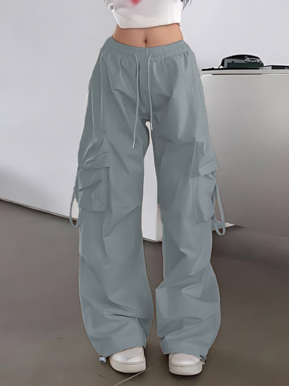1pc Y2K Style Women's Cargo Pants, 100% Polyester Solid Color Loose Fit with Side Pockets and Drawstring Waist, Glossy Woven Fabric, Unlined - Spring/Summer/Fall Collection