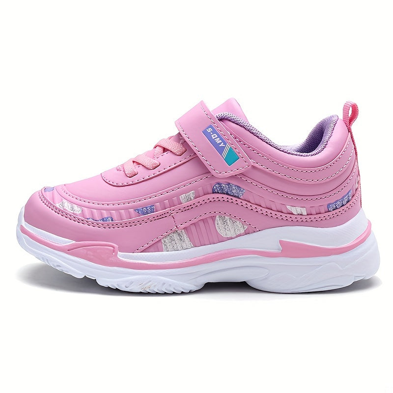 Girl's Solid Sneakers With Hook & Loop Fastener, Comfy Non Slip Casual Soft Sole Shoes For Kids Outdoor Activities