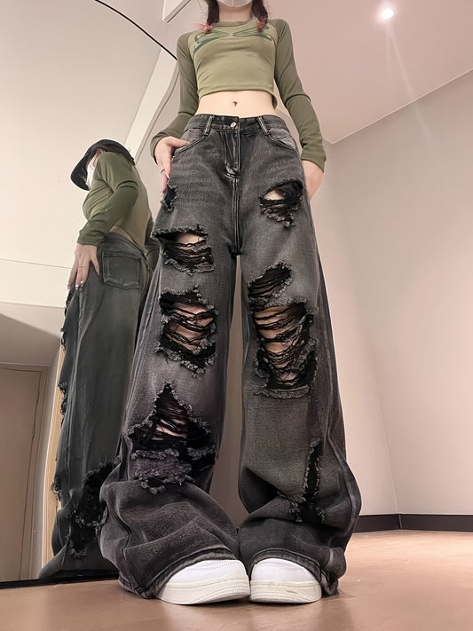 Women Ripped Jeans High Waist Fashion American Vintage Streetwear Harajuku Y2K Hip Hop Wide Leg Jean Female Denim Trouser Baggy Denim Pants