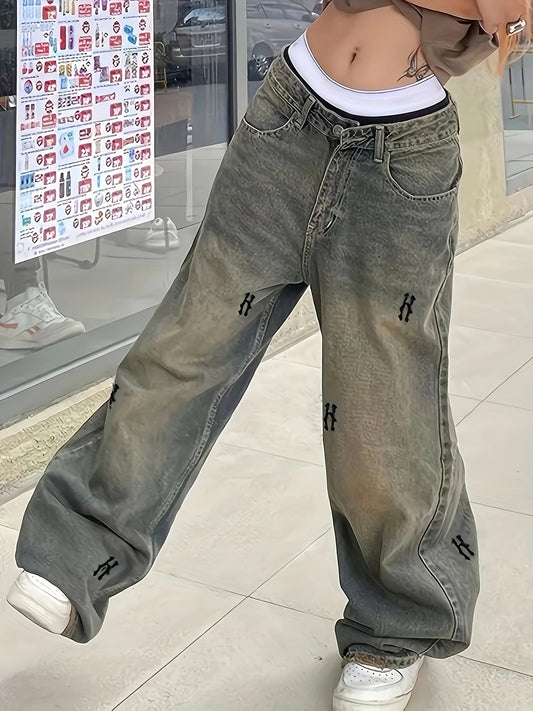 Y2K Style Distressed Wased Loose Fit Baggy Denim Pants, Wide Leg Streetwear Jeans, Women's Denim Jeans & Clothing For Fall