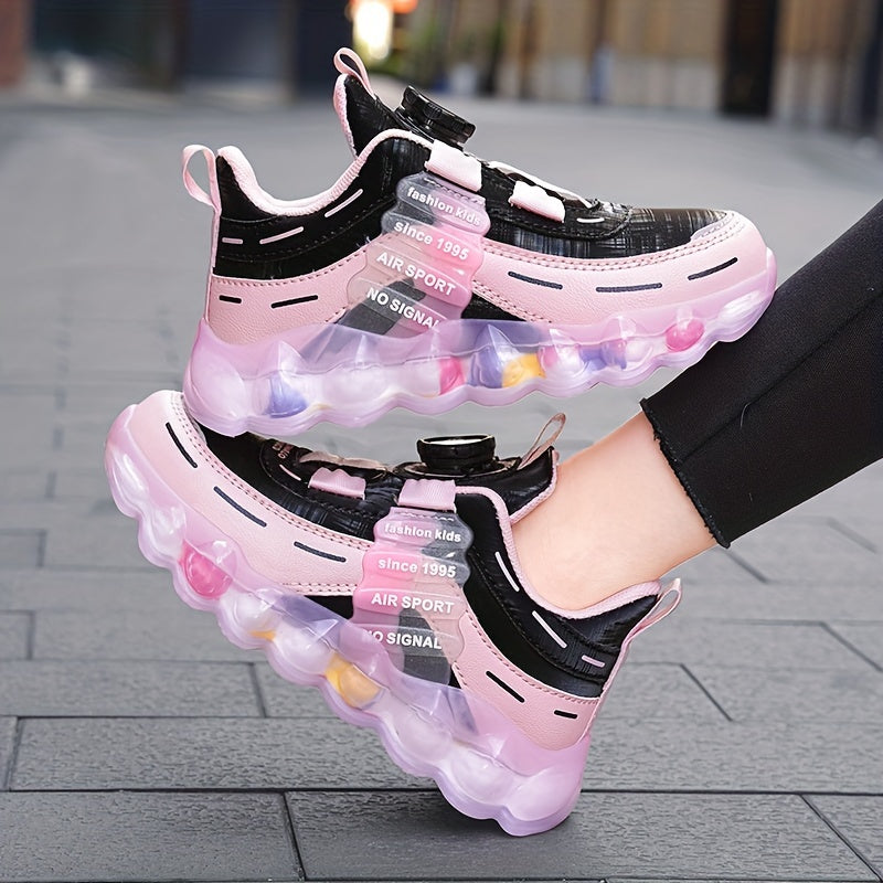 Kids' Preppy Sports Sneakers with Rotating Buckle, Lightweight EVA Sole, Non-Slip PU Upper, Comfortable Fabric Lining, Alphabet Pattern, All-Season Casual Footwear for Outdoor Activities, Training, Hiking - Ideal for Valentin