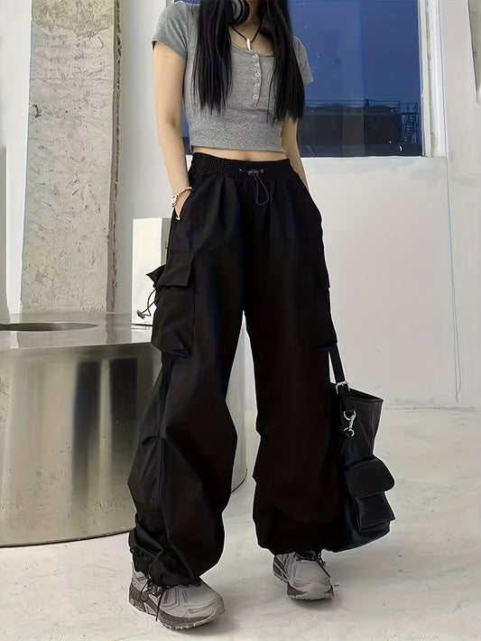 Y2K Draped Cargo Pants, Street Wear Solid Drawstring Pants With Pockets, Women's Clothing