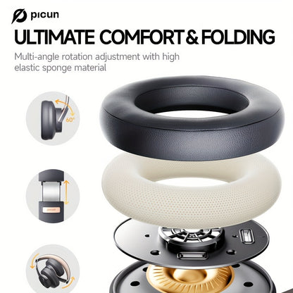 Cuffie wireless Picun B8, 120 ore di autonomia, 3EQ e modalità gioco, chiamate in vivavoce, cuffie pieghevoli sovraurali per viaggi, casa, ufficio, cellulare, PC
