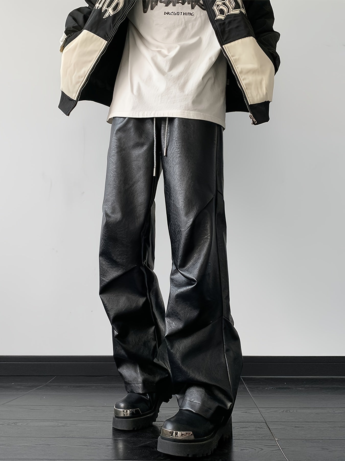Men's Chic Loose Fit Faux Leather Pants, Street Style Baggy Pants K-pop