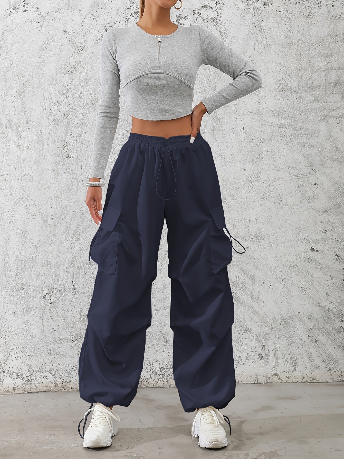 Women'S Fashionable Solid Color Polyester Cargo Pants, 100% Polyester, All-Season, Drawstring Waist, Woven, 120g/m², Adult Casual Elegant Trousers