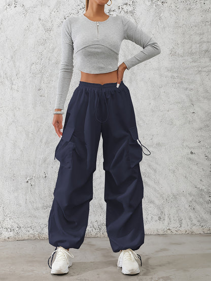 Women'S Fashionable Solid Color Polyester Cargo Pants, 100% Polyester, All-Season, Drawstring Waist, Woven, 120g/m², Adult Casual Elegant Trousers