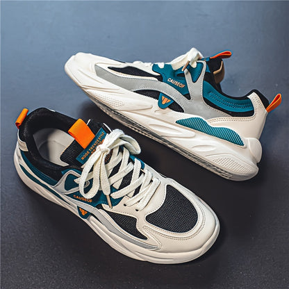 Men's Vintage Colour Block Chunky Shoes, Comfy Non Slip Durable Lace Up Soft Sole Sneakers For Men's Outdoor Activities