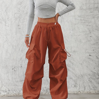 Women'S Fashionable Solid Color Polyester Cargo Pants, 100% Polyester, All-Season, Drawstring Waist, Woven, 120g/m², Adult Casual Elegant Trousers