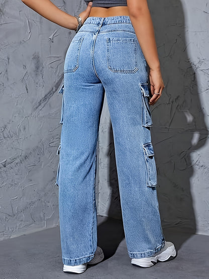 High-Waisted Cargo Denim Jeans for Women, 75% Cotton Blend Street Style Y2K Baggy Trousers with Flap Pockets, Solid All-Season Oversized Wide Leg Pants, Medium Stretch Woven Fabric