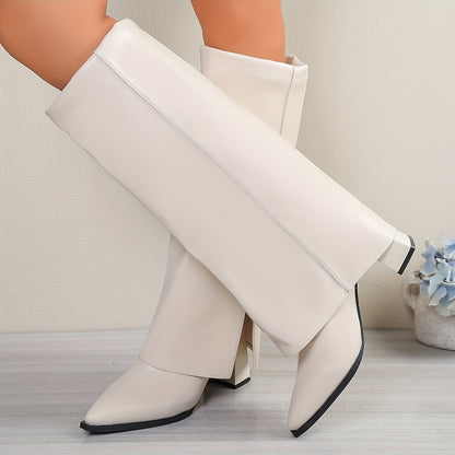 Stivali da donna alti fino al ginocchio in PU marrone con fibbia in metallo e punta affilata - Stivali eleganti per tutte le stagioni con tacco spesso, antiscivolo, soletta imbottita e supporto dell'arco plantare