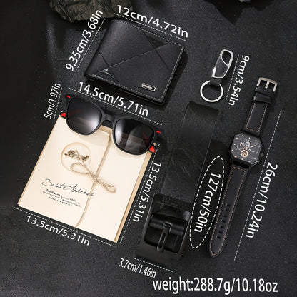 Set di 6 accessori classici casual da uomo in similpelle nera: portafoglio a righe, orologio con quadrante quadrato, occhiali, portachiavi, biglietto d'auguri, cintura