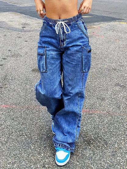 Jeans cargo a vita media da donna, pantaloni in denim elasticizzati con vita elasticizzata e gamba larga, con tasche, pantaloni larghi da streetwear Y2K