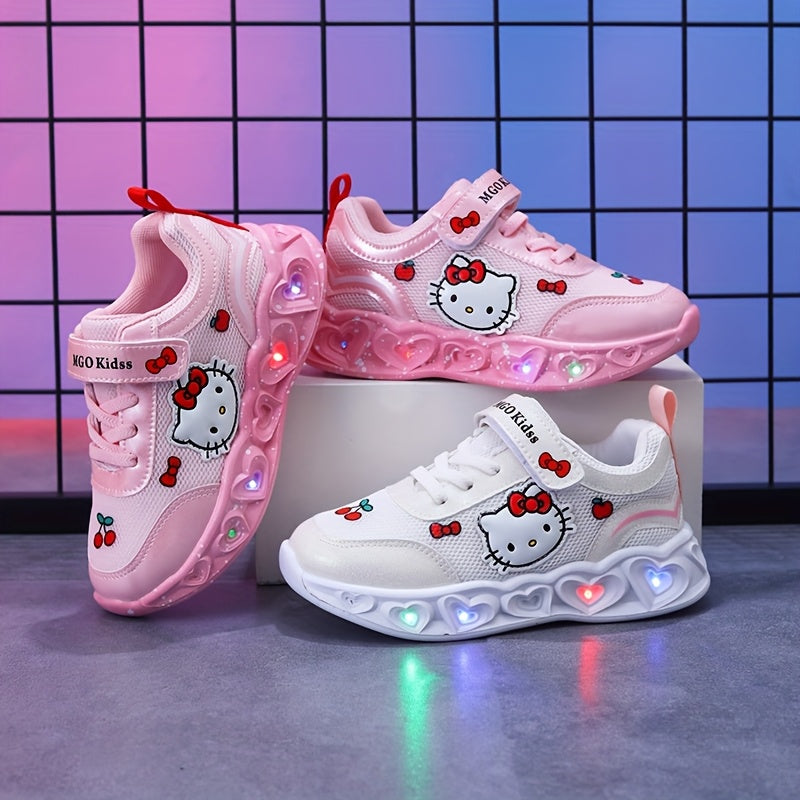 Girls' Glow-in-the-Dark Princess Sneakers with Lights - Pink & White Cartoon Design, Closure, Breathable Mesh Upper, Soft EVA Insole, Durable PVC Sole for Youngsters 1-6 Years, Spring Summer Casual Running Shoes, Shoes for Gi